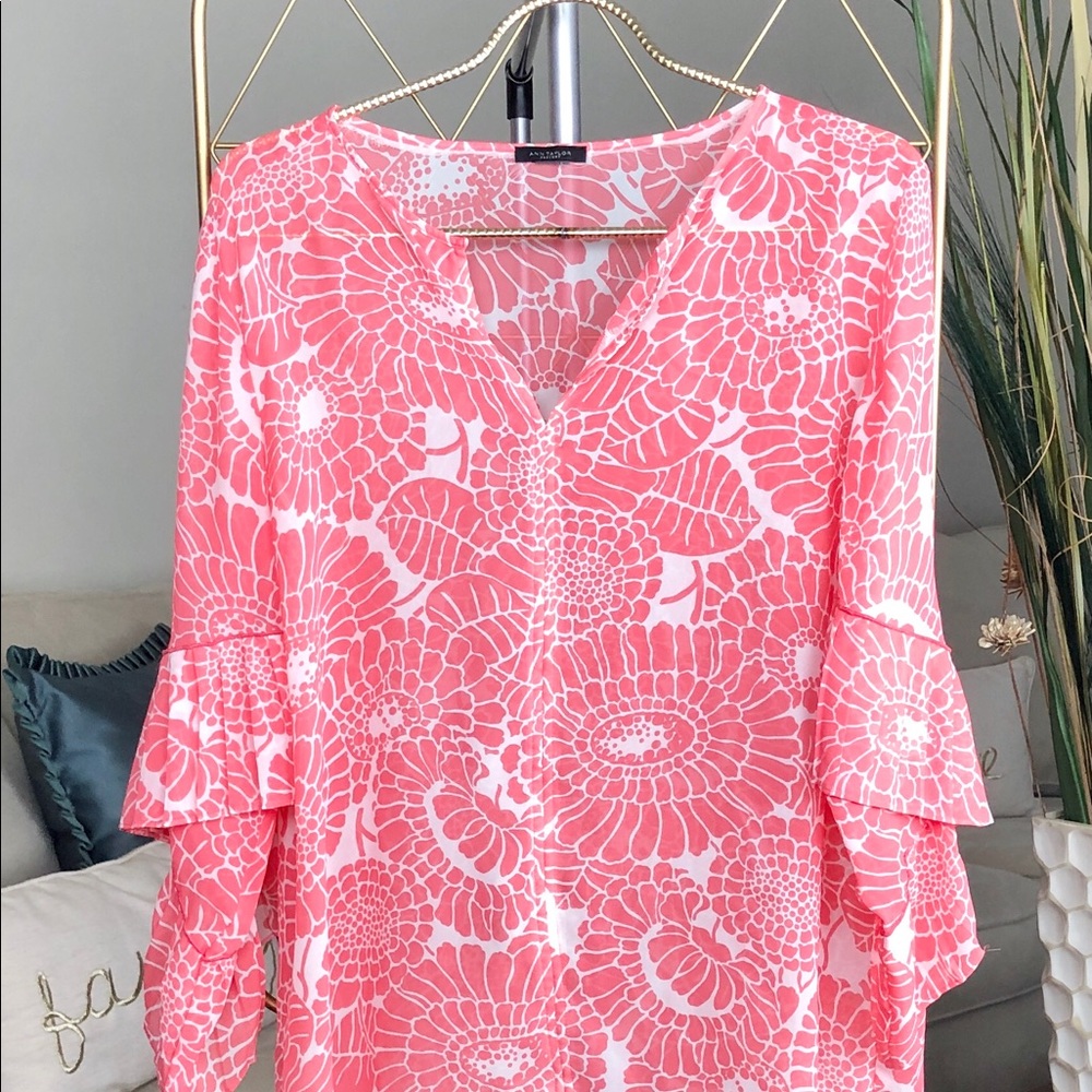 Ann Taylor Sheer Coral Floral Blouse Medium Ruffle